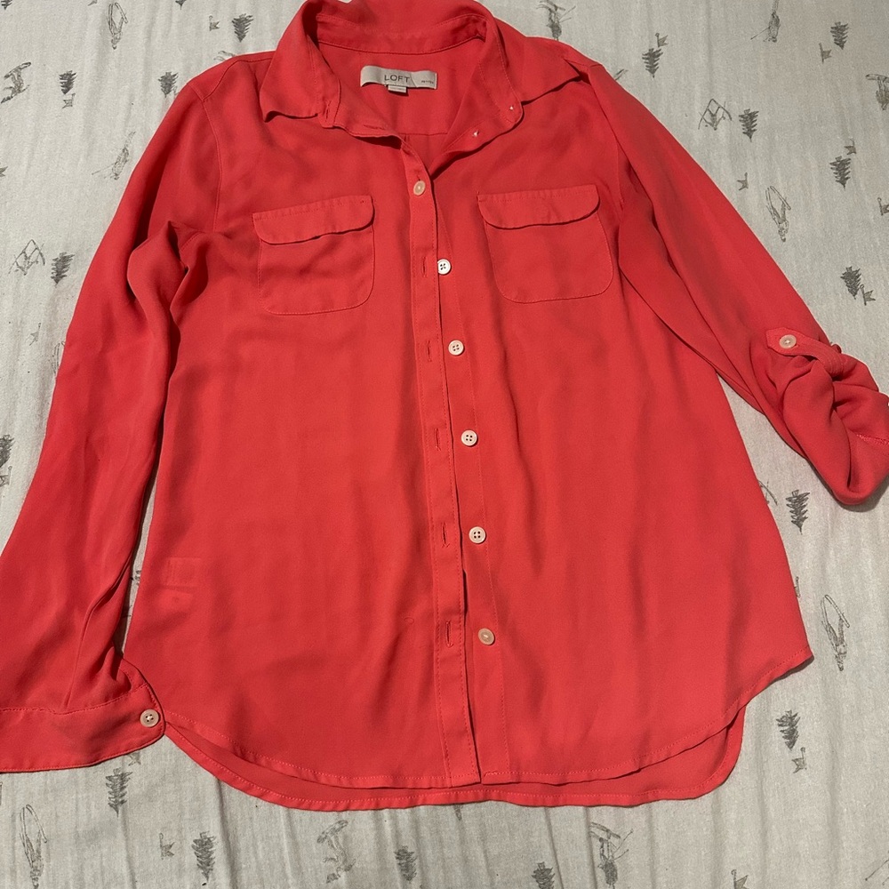 Ann Taylor LOFT Pink Button Down Blouse with Notched Collar